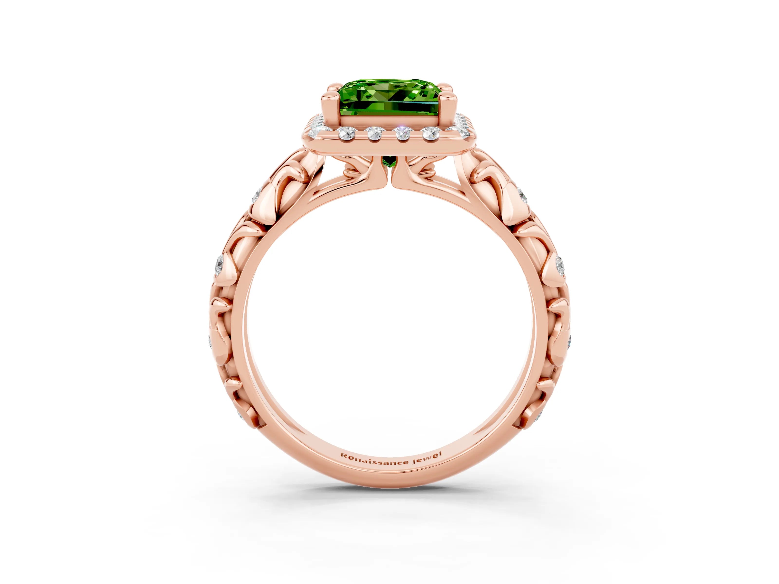 Rose gold Princess Cut Halo Diamond Solitaire with Filigree Band and Four-Prong Setting_3