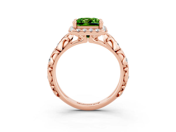 Rose gold Princess Cut Peridot Halo Ring with Filigree Band and Prong Setting