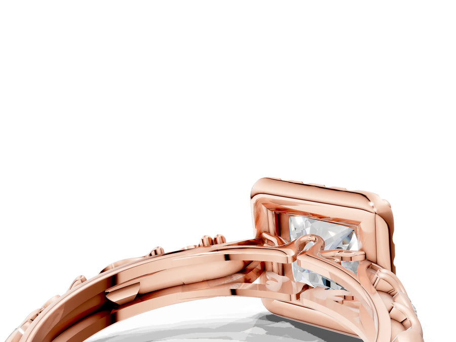 Rose gold Princess Cut Halo Diamond Solitaire with Filigree Band and Four-Prong Setting