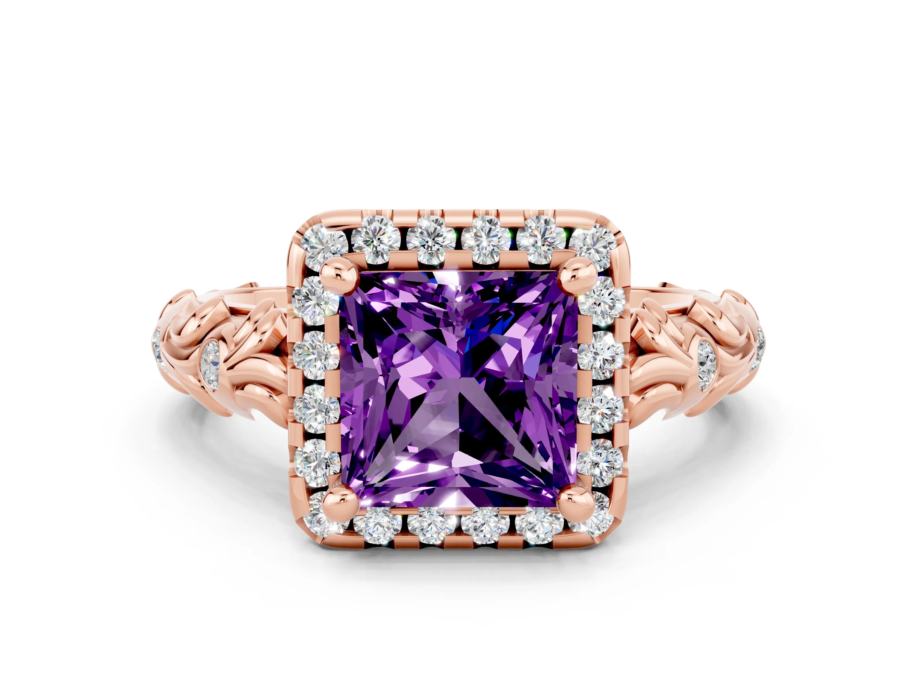 Rose gold Princess Cut Halo Diamond Solitaire with Filigree Band and Four-Prong Setting