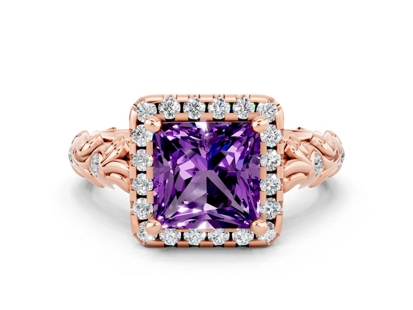 Rose gold Princess Cut Amethyst Halo Ring with Filigree Band and Prong Setting