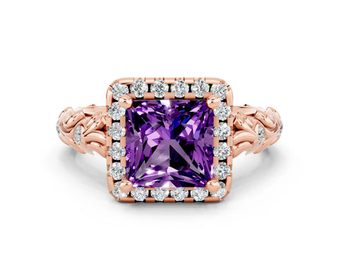 Rose gold Princess Cut Halo Diamond Solitaire with Filigree Band and Four-Prong Setting