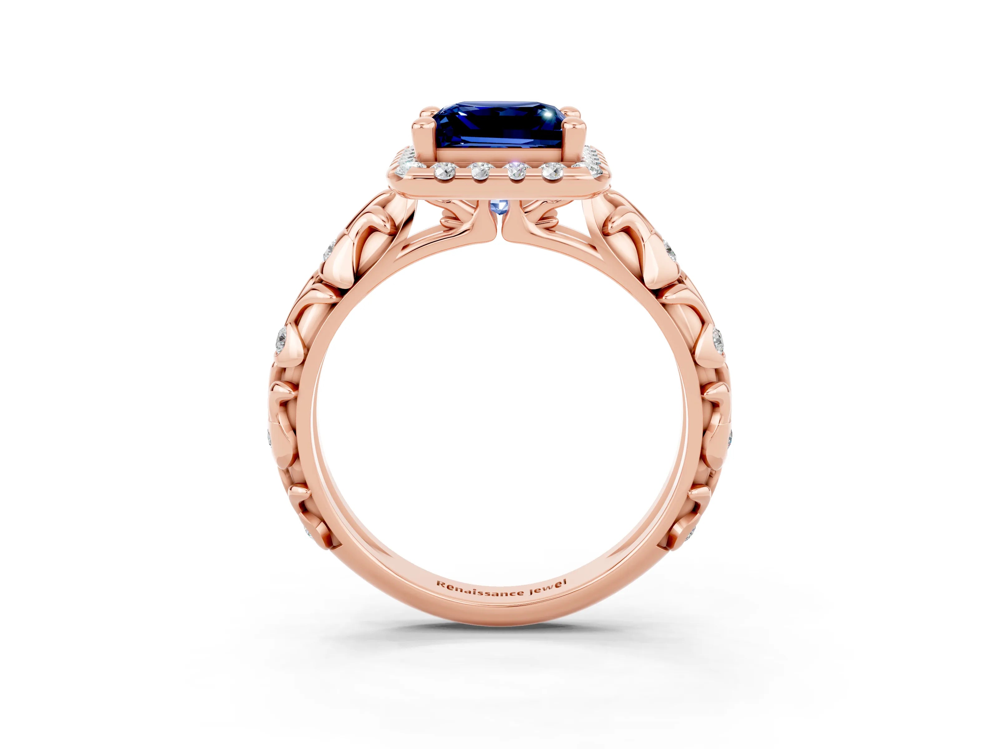 Rose gold Princess Cut Halo Diamond Solitaire with Filigree Band and Four-Prong Setting_3