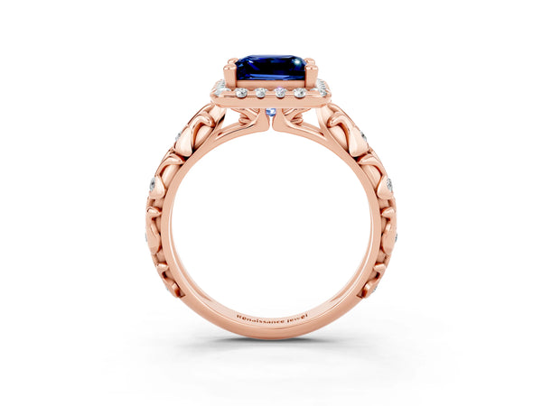 Rose gold Princess Cut Blue Sapphire Halo Ring with Filigree Band and Prong Setting