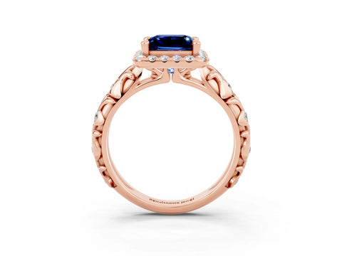 Rose gold Princess Cut Halo Diamond Solitaire with Filigree Band and Four-Prong Setting_3