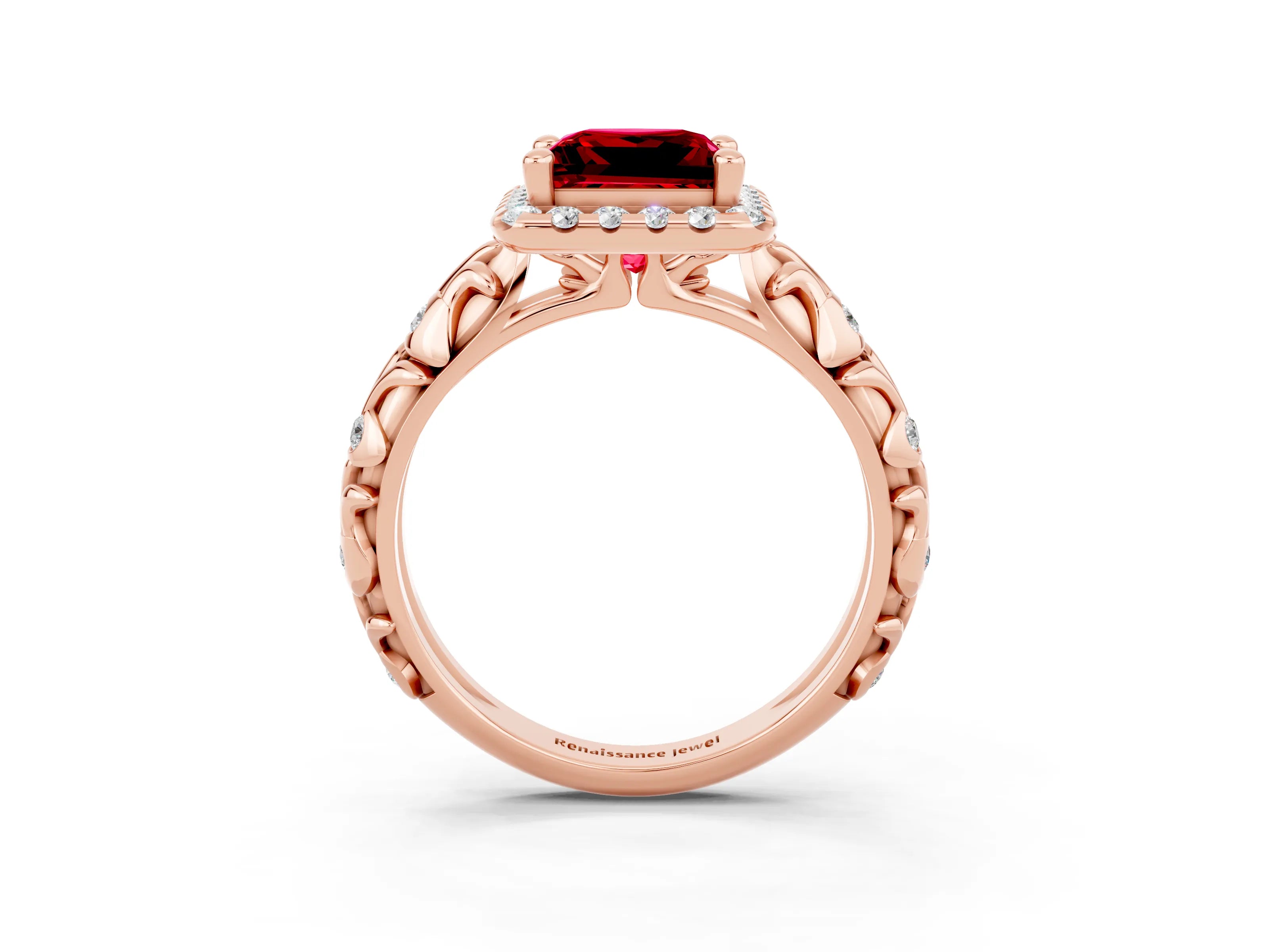Rose gold Princess Cut Halo Diamond Solitaire with Filigree Band and Four-Prong Setting_3