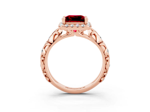 Rose gold Princess Cut Ruby Halo Ring with Filigree Band and Prong Setting