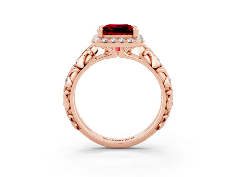 Rose gold Princess Cut Halo Diamond Solitaire with Filigree Band and Four-Prong Setting_3