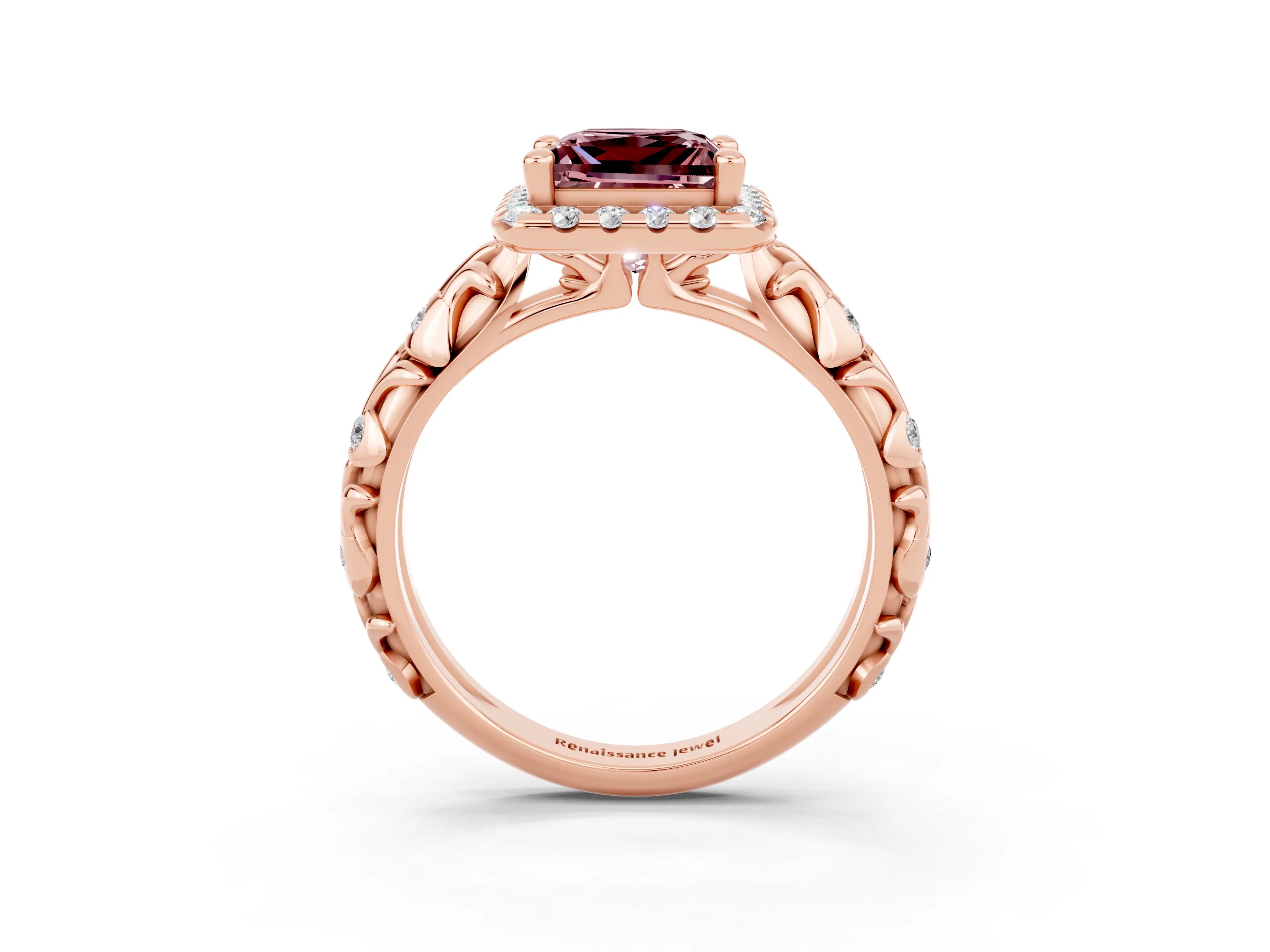 Rose gold Princess Cut Halo Diamond Solitaire with Filigree Band and Four-Prong Setting_3