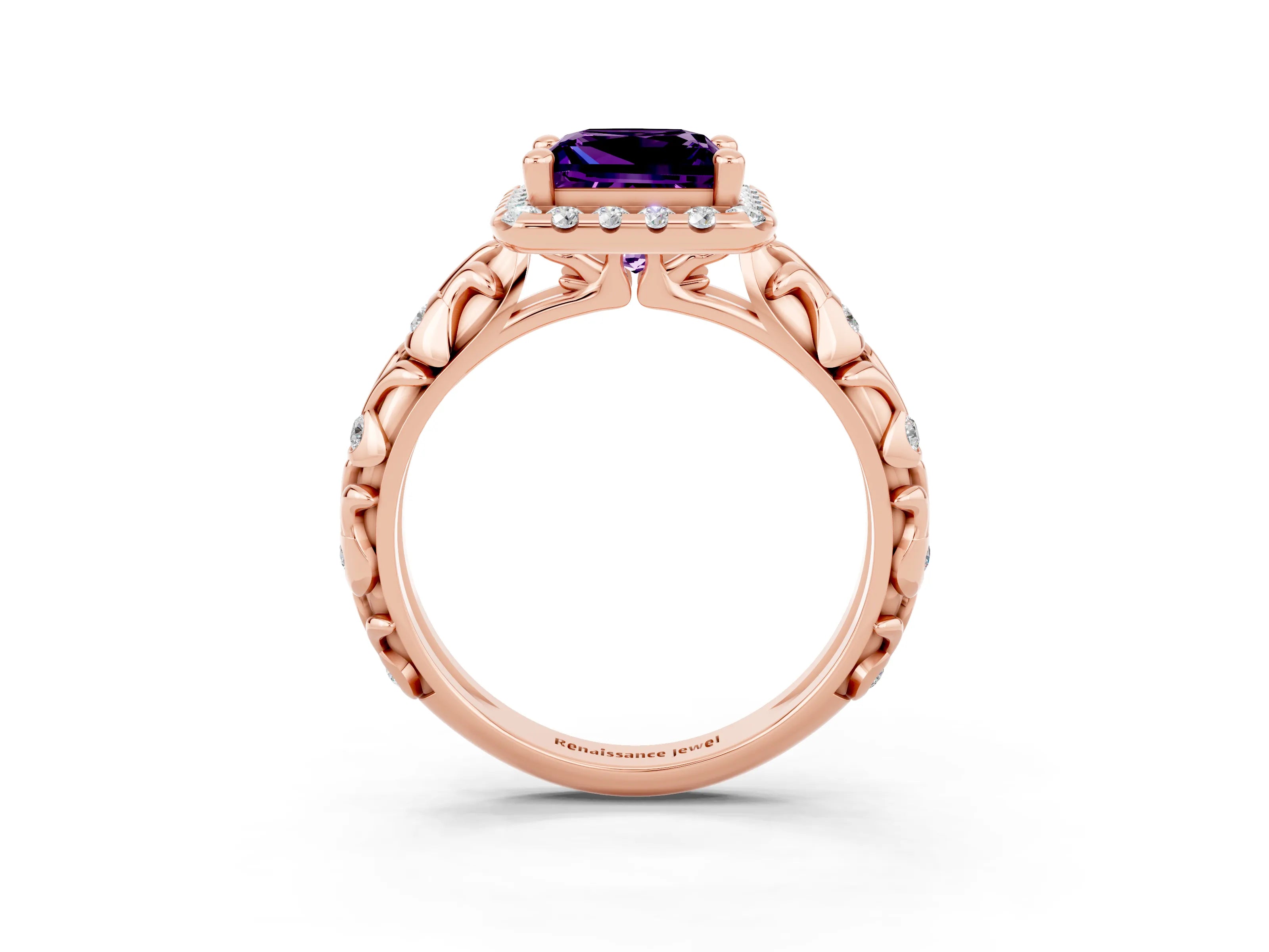Rose gold Princess Cut Halo Diamond Solitaire with Filigree Band and Four-Prong Setting_3