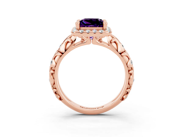 Rose gold Princess Cut Amethyst Halo Ring with Filigree Band and Prong Setting