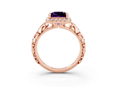 Rose gold Princess Cut Halo Diamond Solitaire with Filigree Band and Four-Prong Setting_3