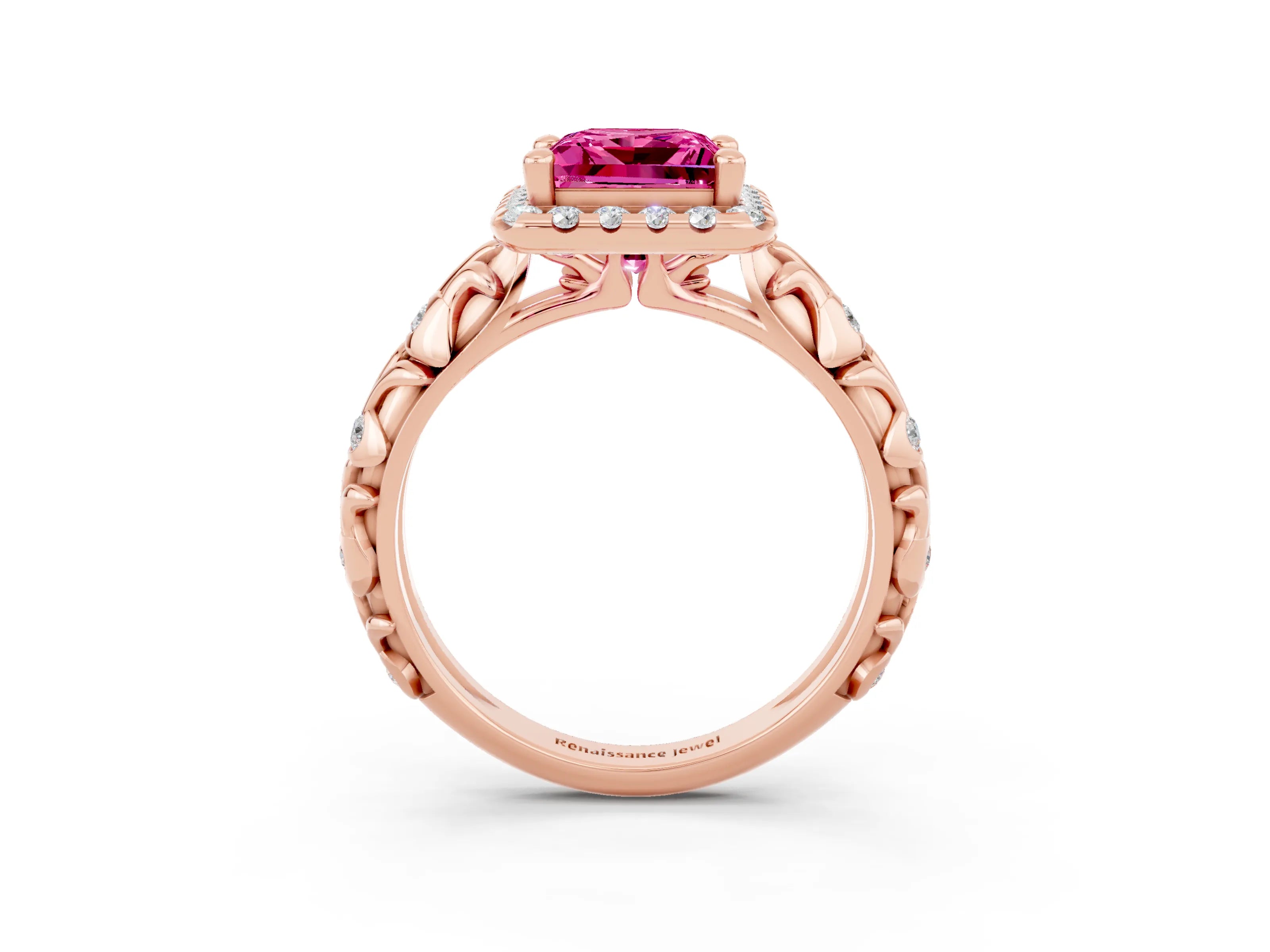 Rose gold Princess Cut Halo Diamond Solitaire with Filigree Band and Four-Prong Setting_3