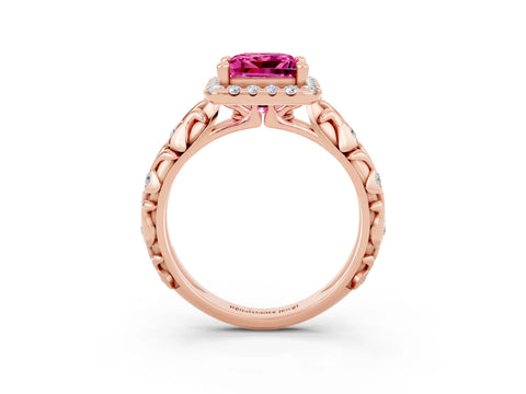 Rose gold Princess Cut Halo Diamond Solitaire with Filigree Band and Four-Prong Setting_3