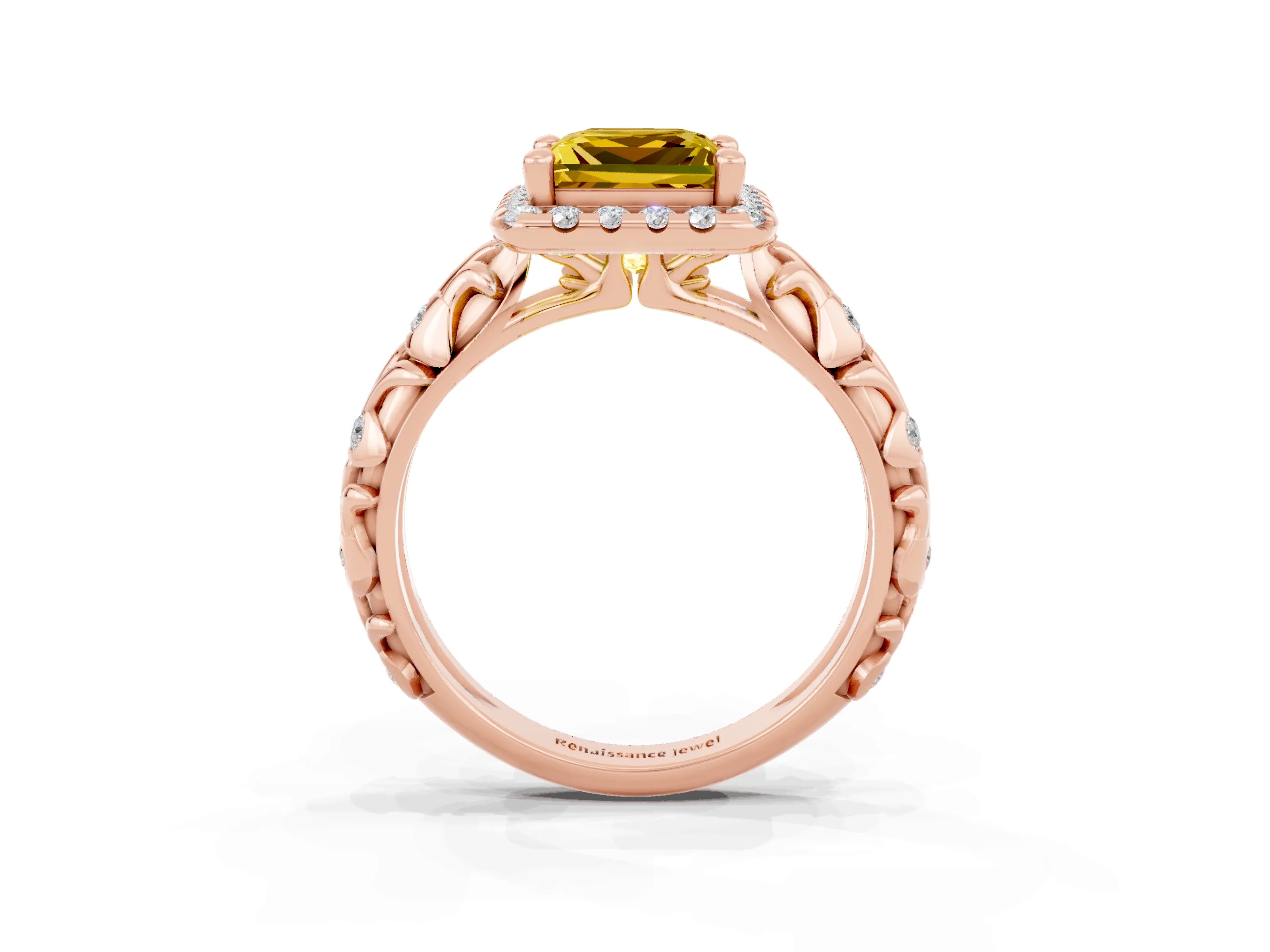 Rose gold Princess Cut Halo Diamond Solitaire with Filigree Band and Four-Prong Setting_3