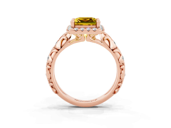 Rose gold Princess Cut Yellow Sapphire Halo Ring with Filigree Band and Prong Setting