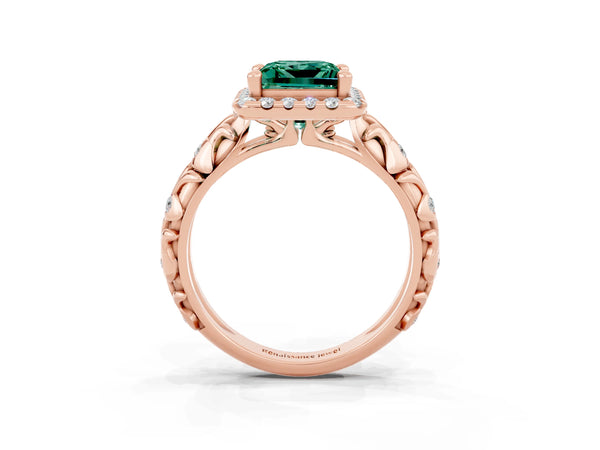 Rose gold Princess Cut Green Sapphire Halo Ring with Filigree Band and Prong Setting