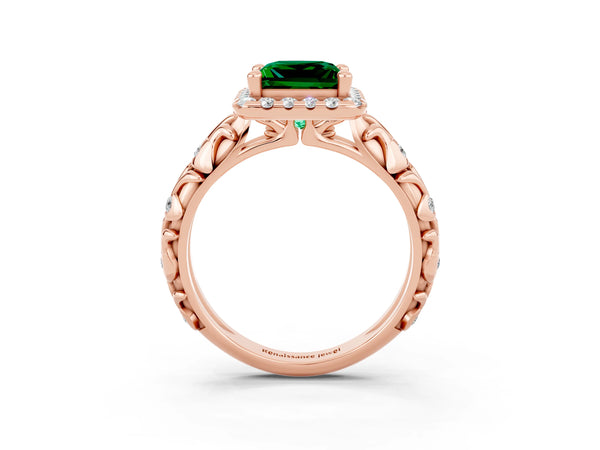 Rose gold Princess Cut Emerald Halo Ring with Filigree Band and Prong Setting