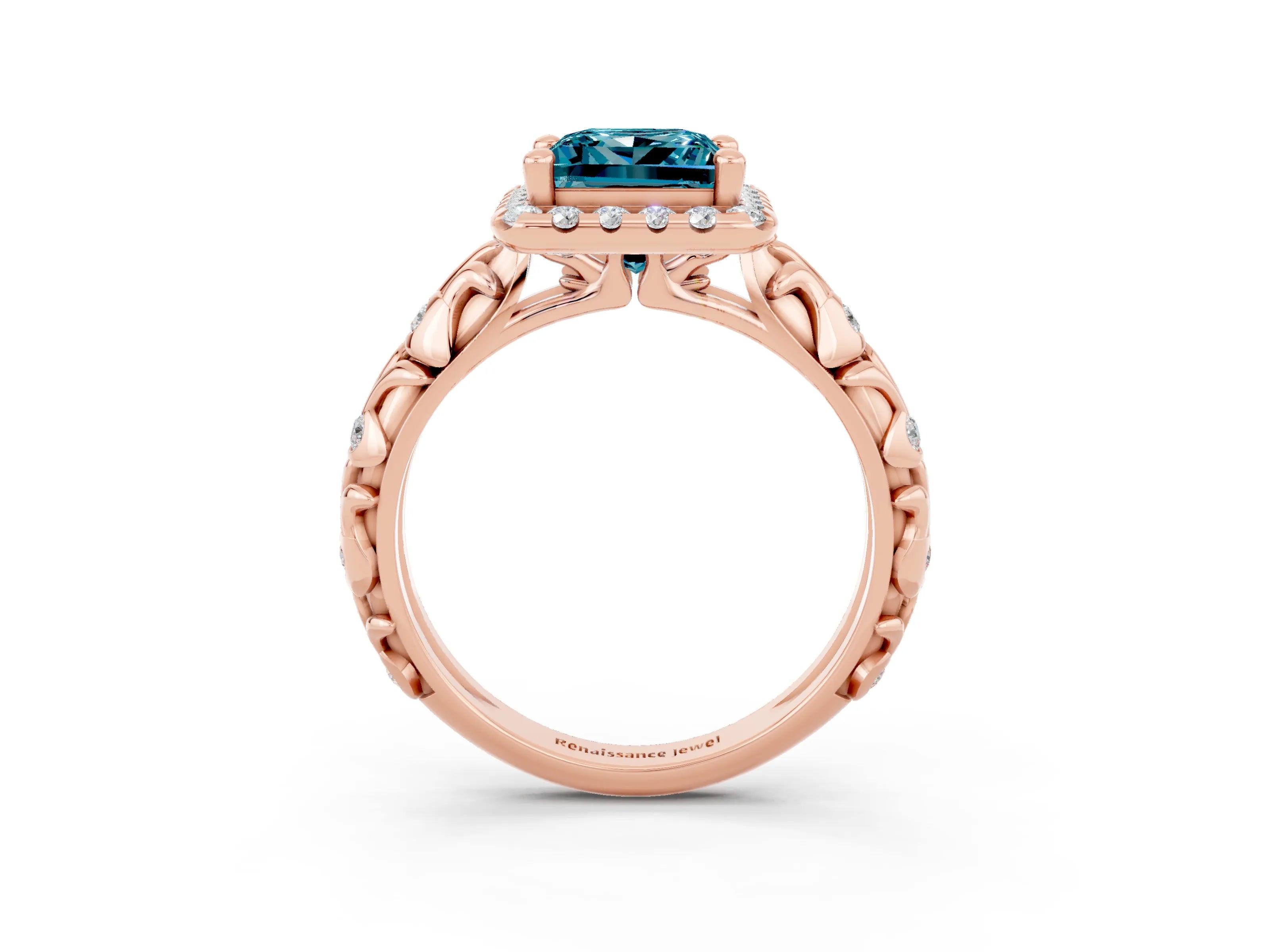 Rose gold Princess Cut Halo Diamond Solitaire with Filigree Band and Four-Prong Setting_3
