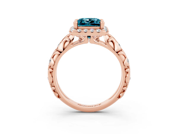 Rose gold Princess Cut Halo Diamond Solitaire with Filigree Band and Four-Prong Setting