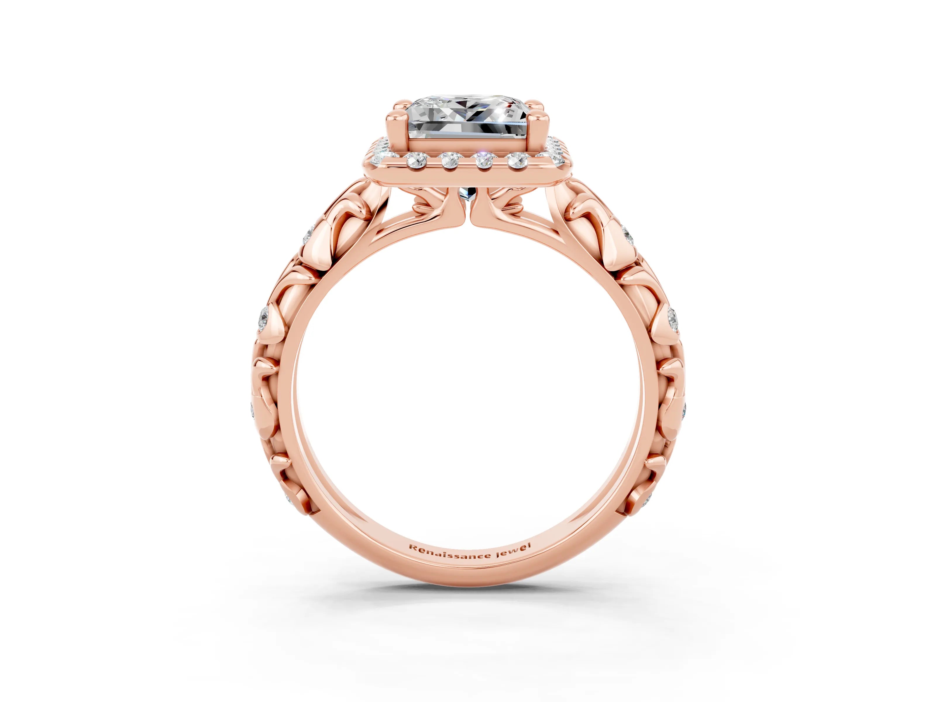 Rose gold Princess Cut Halo Diamond Solitaire with Filigree Band and Four-Prong Setting_3