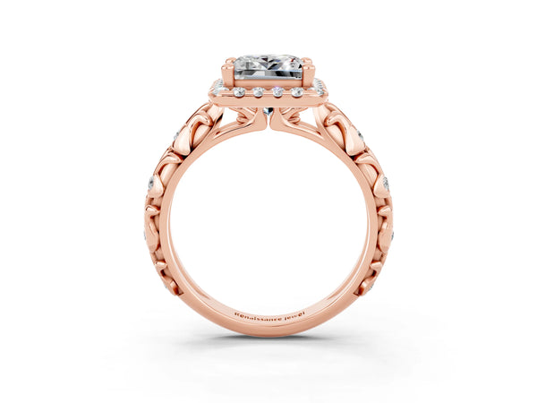 Rose gold Princess Cut Moissanite Halo Ring with Filigree Band and Prong Setting