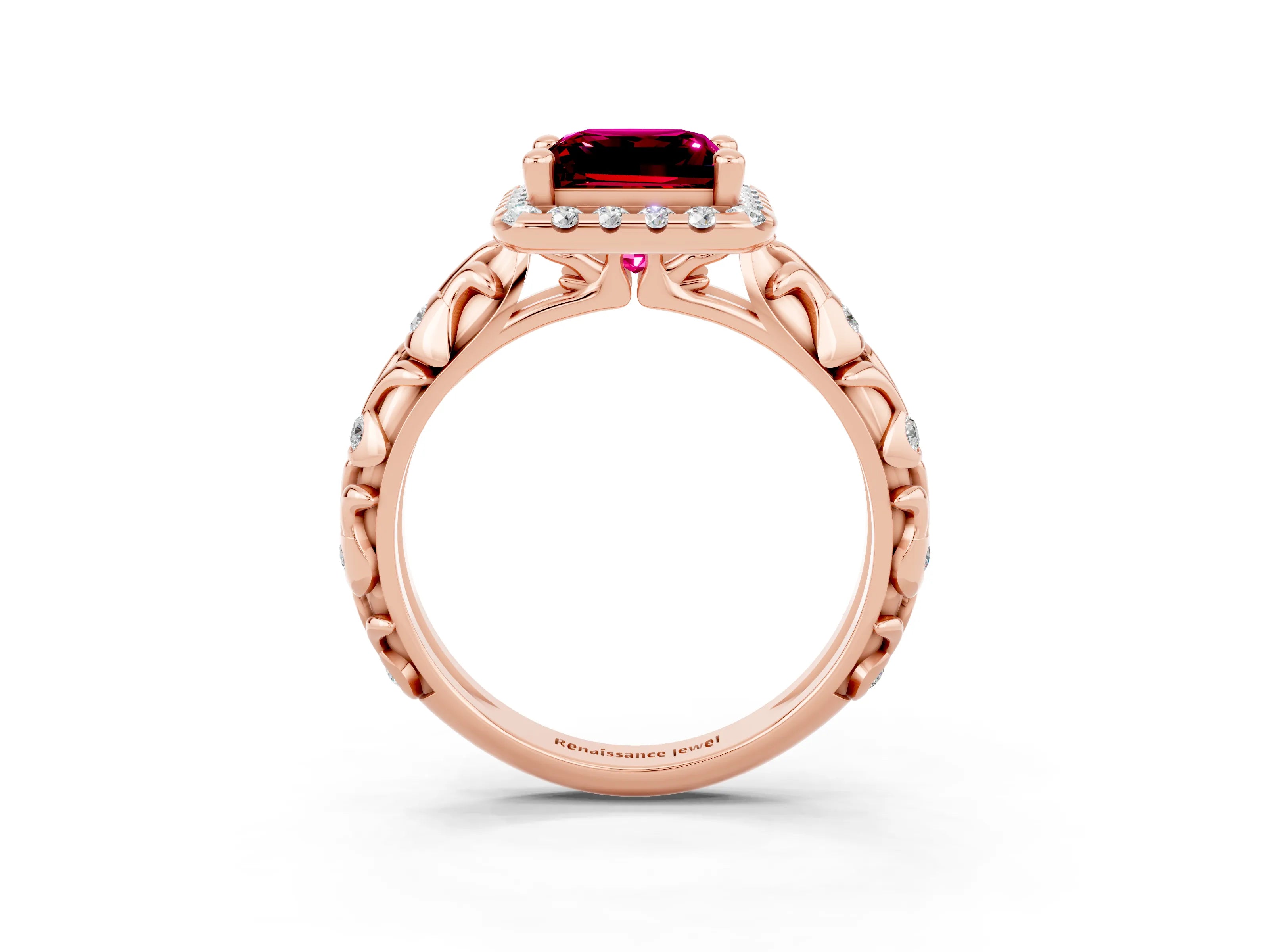 Rose gold Princess Cut Halo Diamond Solitaire with Filigree Band and Four-Prong Setting_3