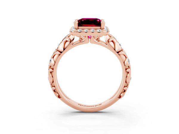 Rose gold Princess Cut Garnet Halo Ring with Filigree Band and Prong Setting