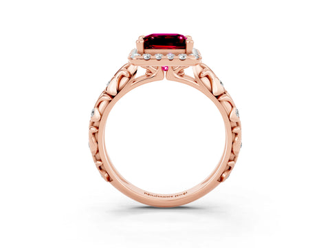Rose gold Princess Cut Halo Diamond Solitaire with Filigree Band and Four-Prong Setting_3