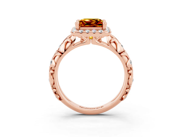 Rose gold Princess Cut Citrine Halo Ring with Filigree Band and Prong Setting