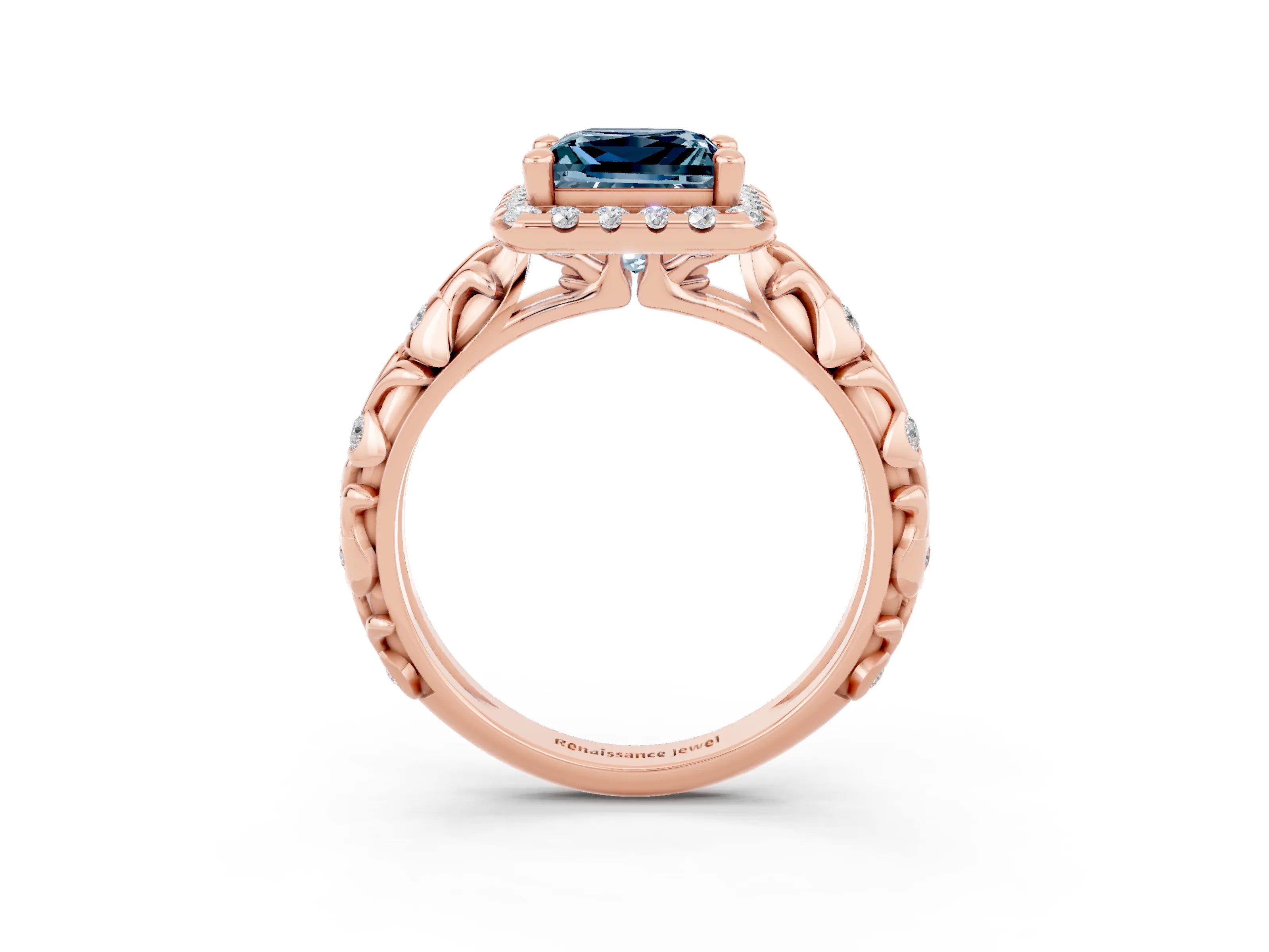 Rose gold Princess Cut Halo Diamond Solitaire with Filigree Band and Four-Prong Setting_3