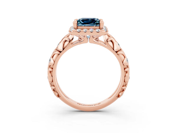 Rose gold Princess Cut Aquamarine Halo Ring with Filigree Band and Prong Setting