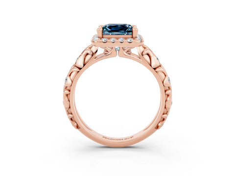 Rose gold Princess Cut Halo Diamond Solitaire with Filigree Band and Four-Prong Setting_3