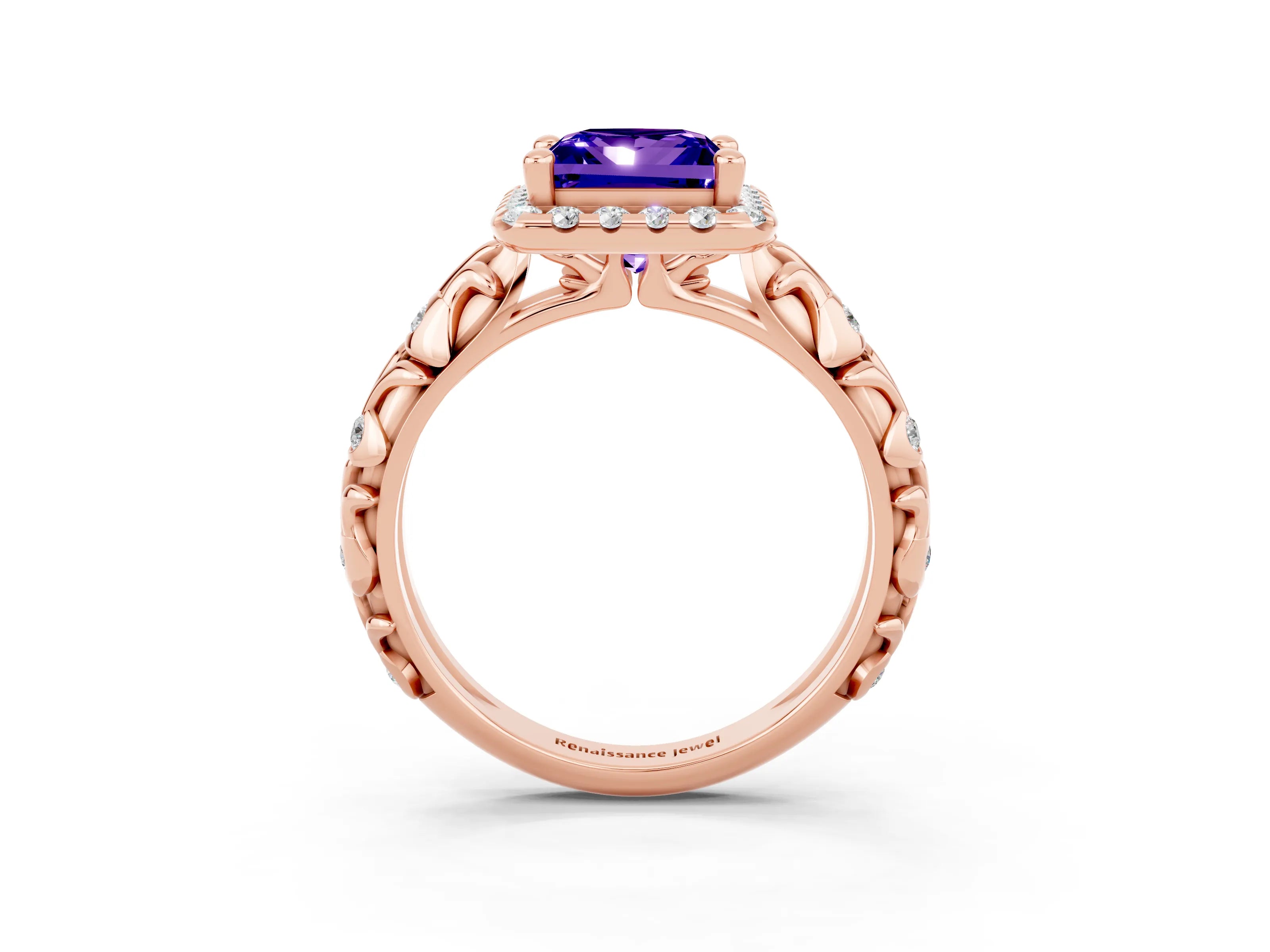 Rose gold Princess Cut Halo Diamond Solitaire with Filigree Band and Four-Prong Setting_3