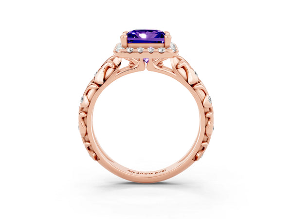 Rose gold Princess Cut Tanzanite Halo Ring with Filigree Band and Prong Setting
