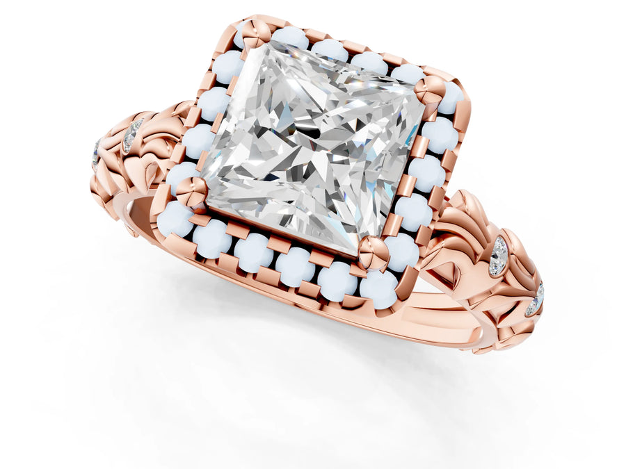 Rose gold Princess Cut Halo Diamond Solitaire with Filigree Band and Four-Prong Setting