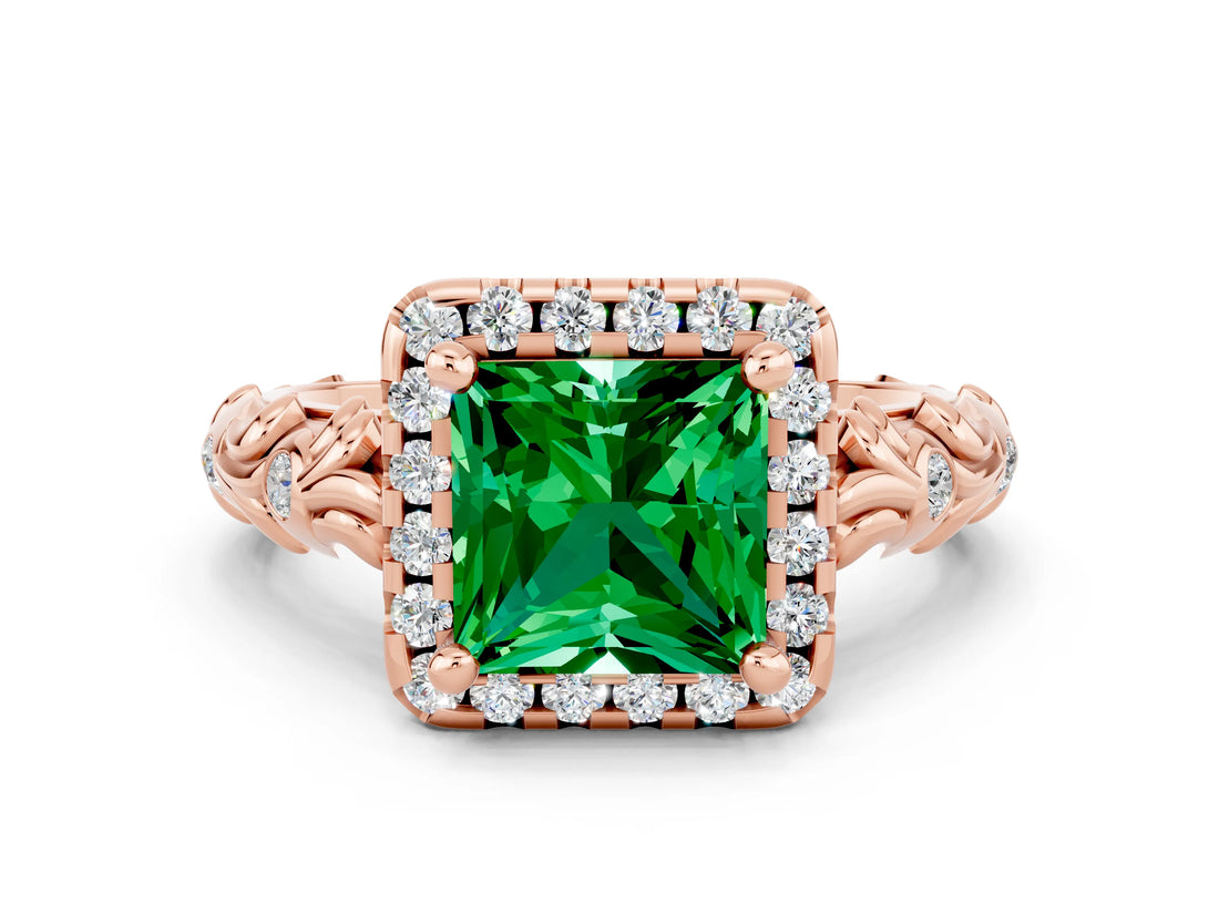Rose gold Princess Cut Halo Diamond Solitaire with Filigree Band and Four-Prong Setting