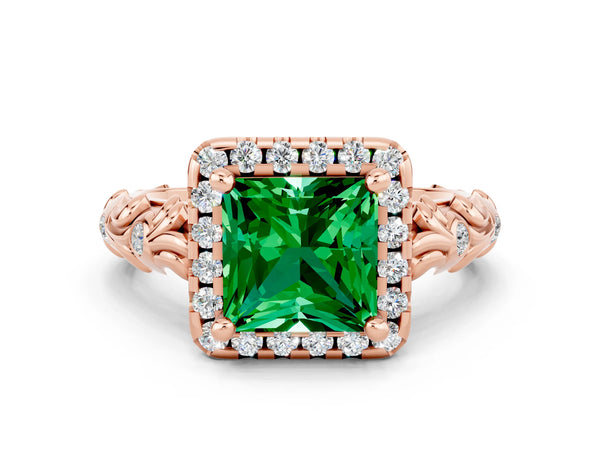 Rose gold Princess Cut Emerald Halo Ring with Filigree Band and Prong Setting