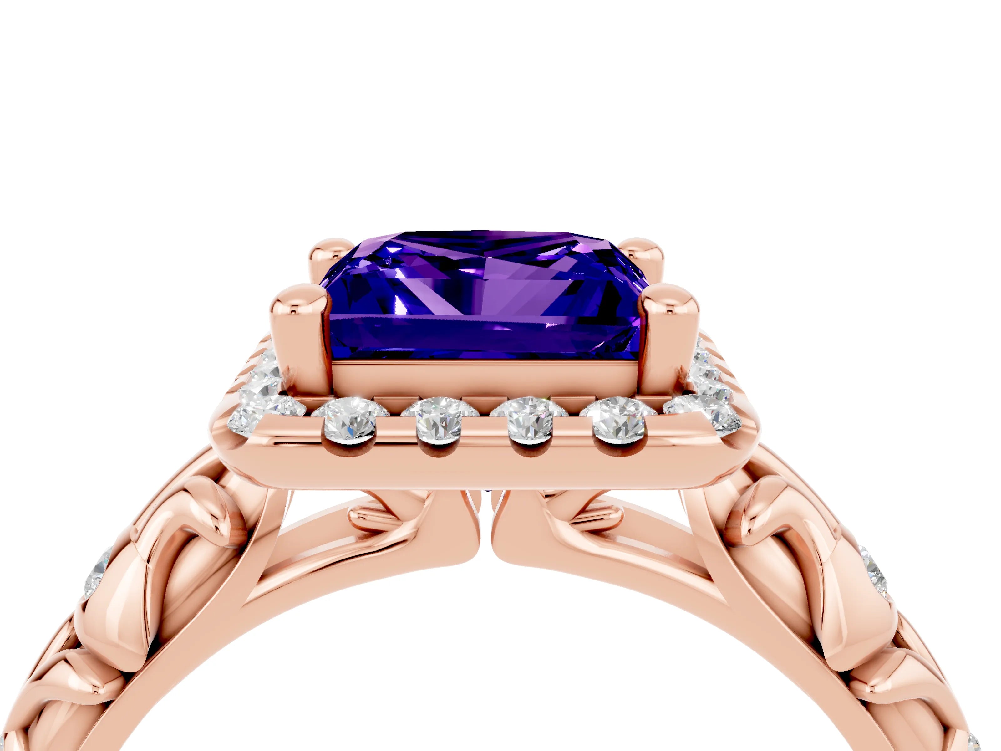 Rose gold Princess Cut Halo Diamond Solitaire with Filigree Band and Four-Prong Setting_4