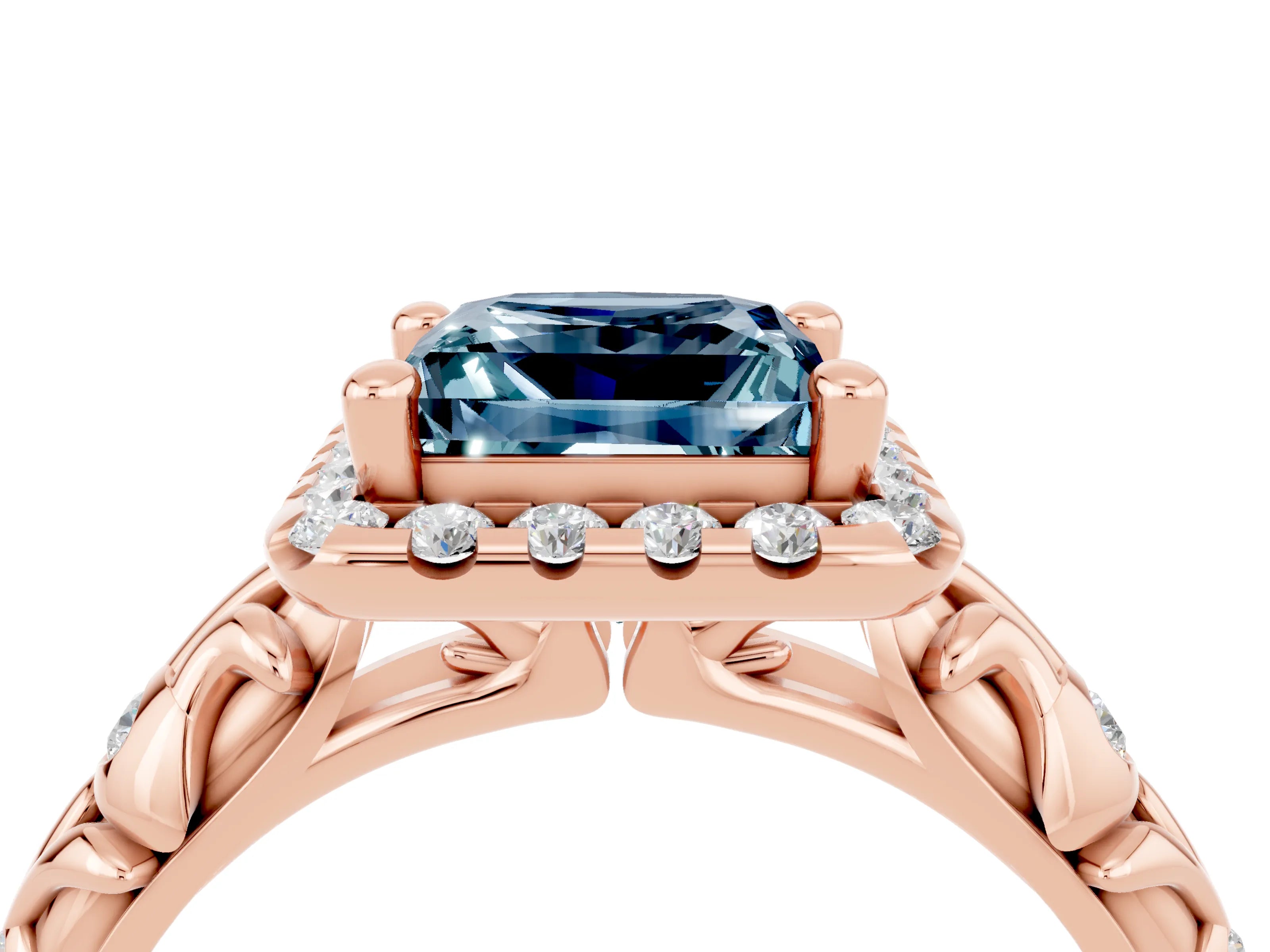 Rose gold Princess Cut Halo Diamond Solitaire with Filigree Band and Four-Prong Setting_4
