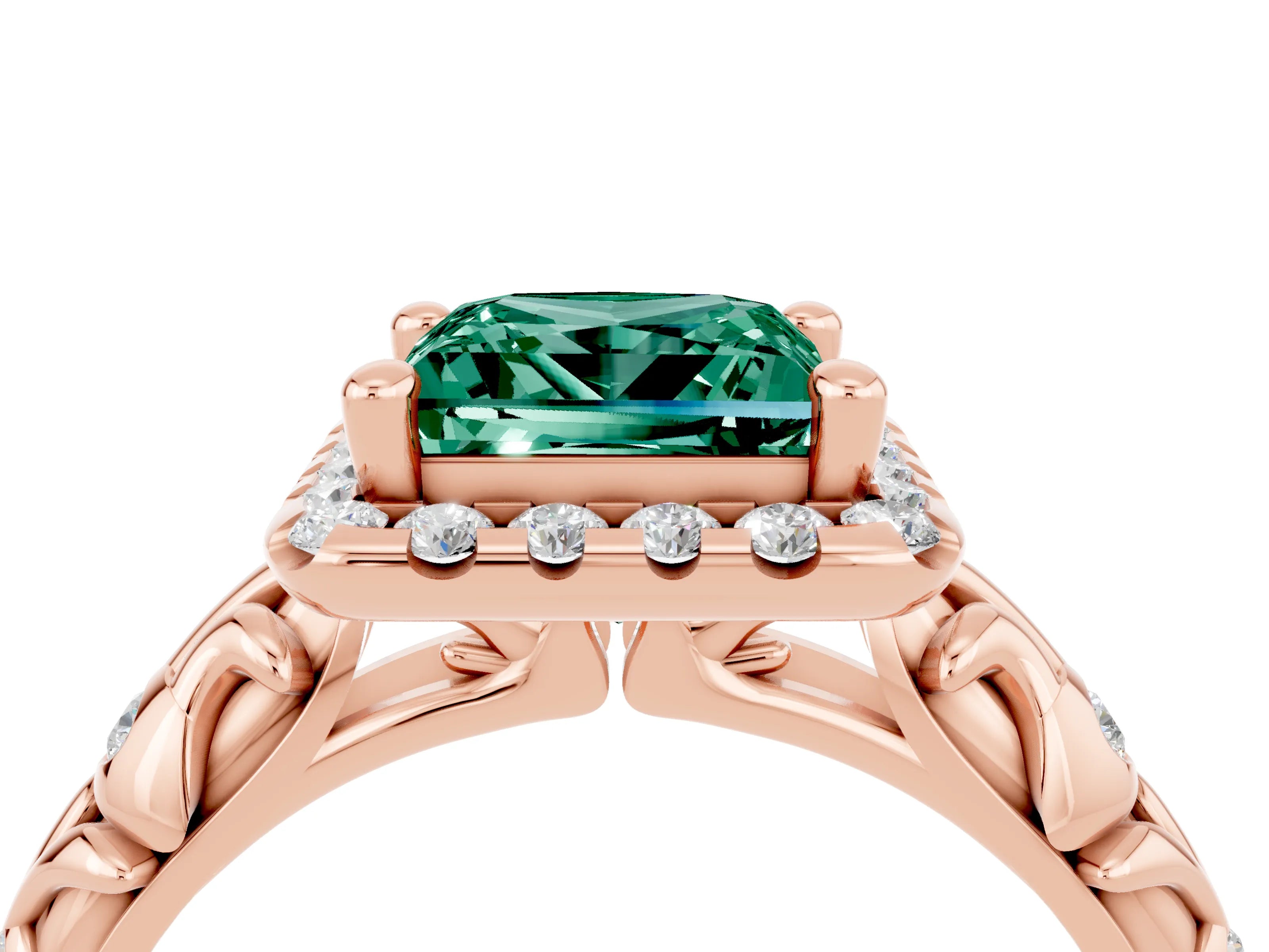Rose gold Princess Cut Halo Diamond Solitaire with Filigree Band and Four-Prong Setting_4