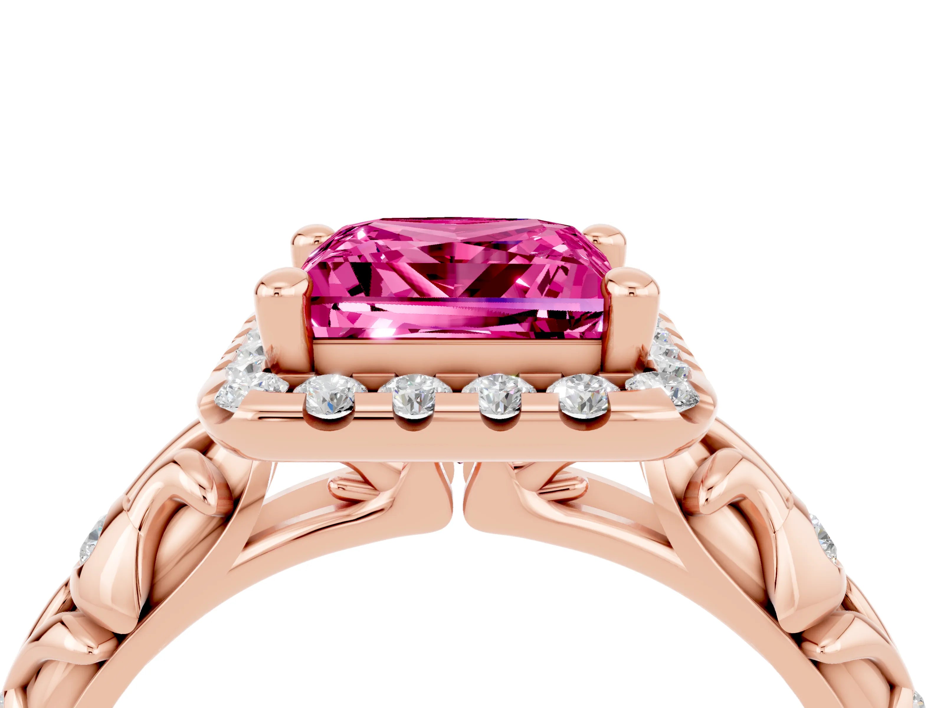 Rose gold Princess Cut Halo Diamond Solitaire with Filigree Band and Four-Prong Setting_4