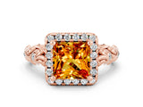 Rose gold Princess Cut Halo Diamond Solitaire with Filigree Band and Four-Prong Setting