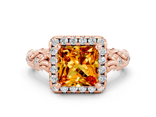 Rose gold Princess Cut Citrine Halo Ring with Filigree Band and Prong Setting