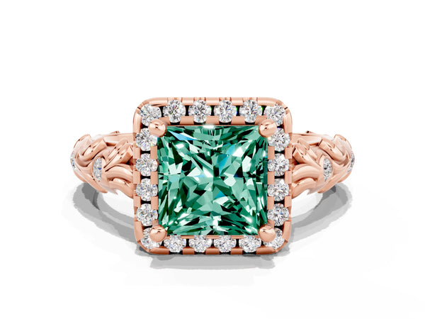 Rose gold Princess Cut Green Sapphire Halo Ring with Filigree Band and Prong Setting