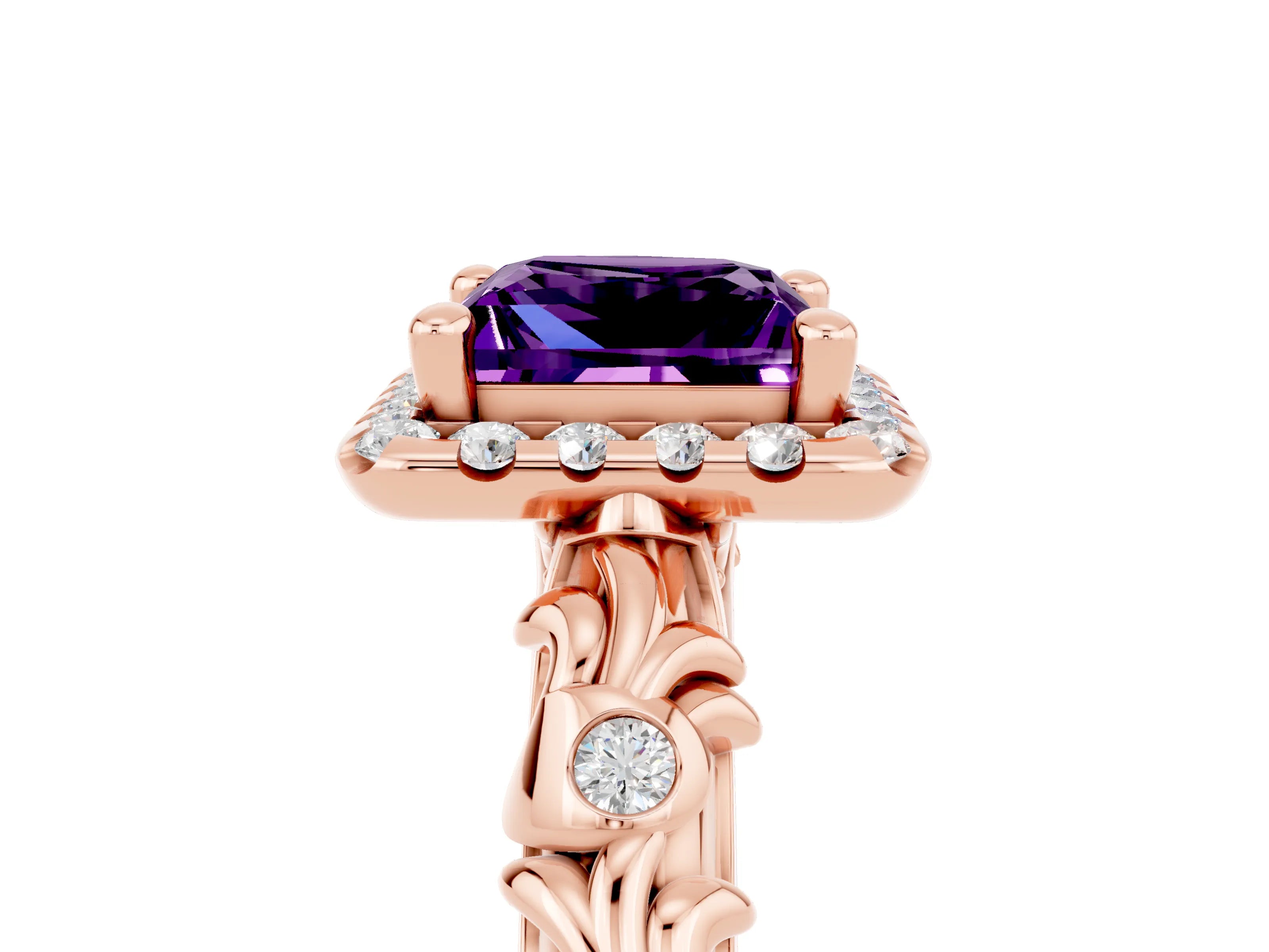 Rose gold Princess Cut Halo Diamond Solitaire with Filigree Band and Four-Prong Setting_5