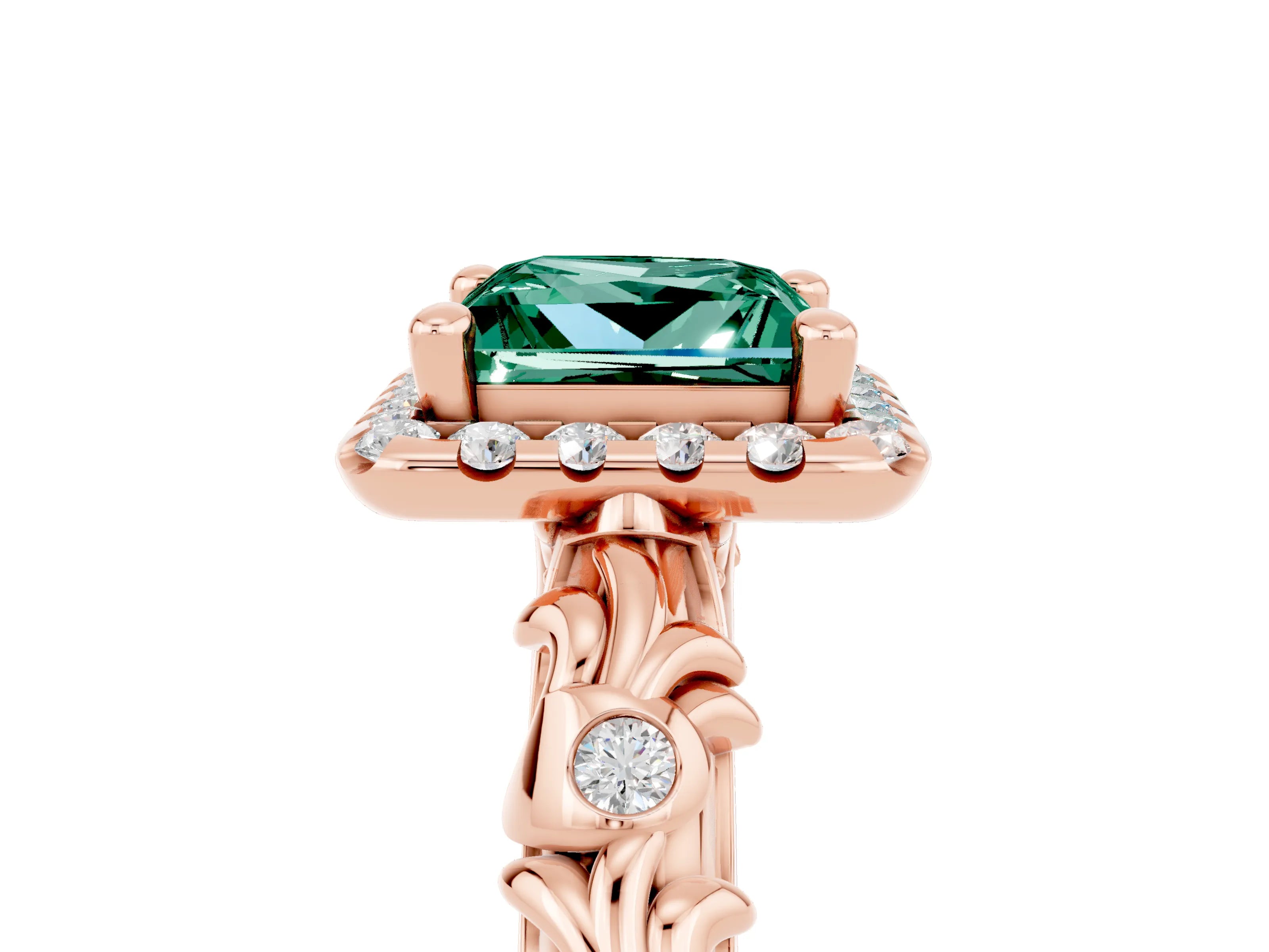 Rose gold Princess Cut Halo Diamond Solitaire with Filigree Band and Four-Prong Setting_5