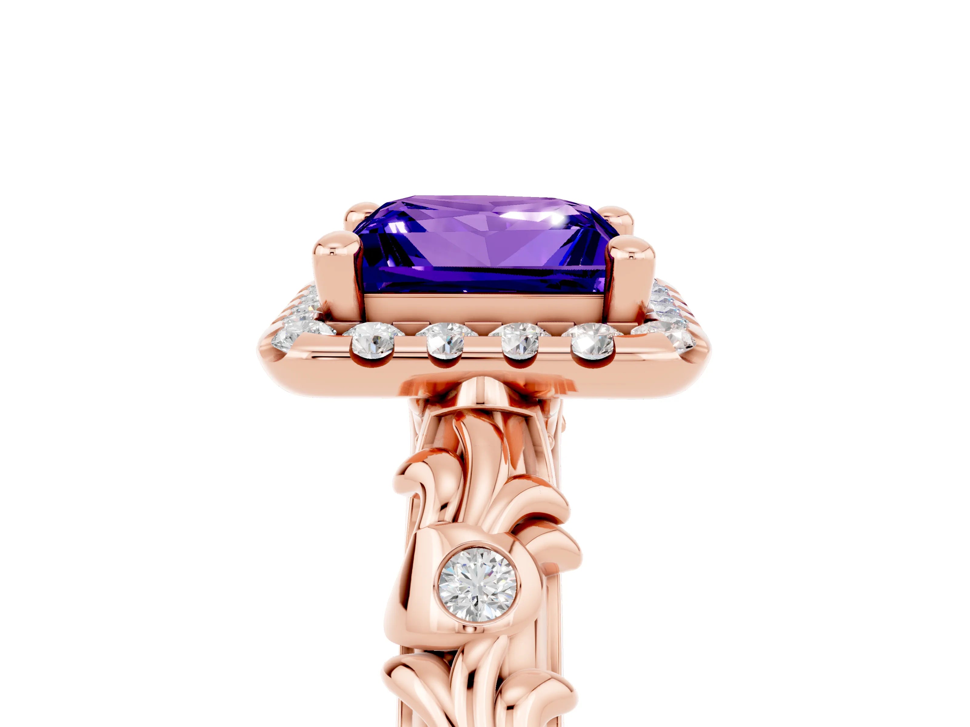 Rose gold Princess Cut Halo Diamond Solitaire with Filigree Band and Four-Prong Setting_5