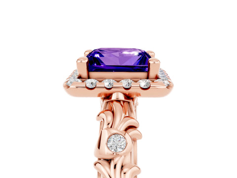 Rose gold Princess Cut Halo Diamond Solitaire with Filigree Band and Four-Prong Setting_5