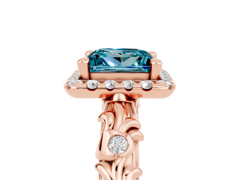 Rose gold Princess Cut Halo Diamond Solitaire with Filigree Band and Four-Prong Setting_5